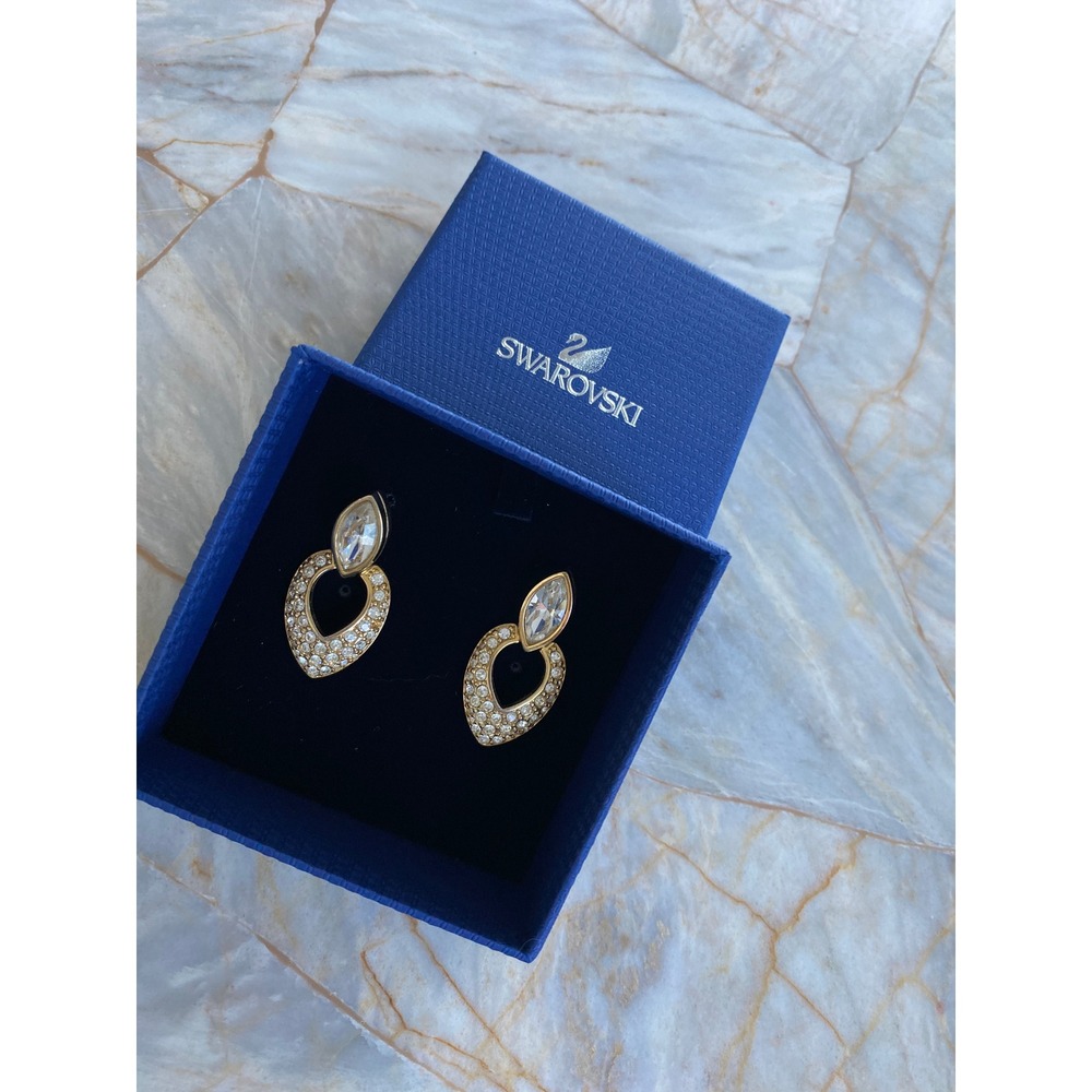 Swarovski Gold Tone Crystal Marquise Teardrop Pave‎ Drop Earrings with Box